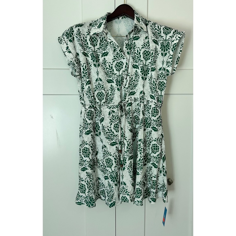 Cupshe Green White Pineapple Damask Button Front Mini Shirt Dress NWT Small